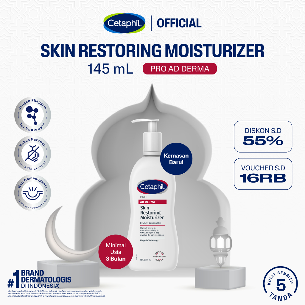 Cetaphil Pro AD Derma Skin Restoring Moisturizer 145ml dengan Ad-Resyl, Filaggrin, dan Ceramide Pele
