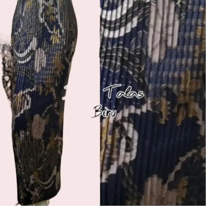 Rok Batik Wanita Model Plisket Bahan Semi Sutra Silky Motif  Daun Talas Warna Biru