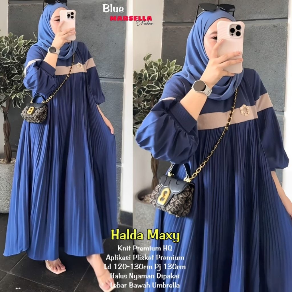 HALDA MAXI DRESS ELEGAN UMBRELLA/GAMIS LEBARAN KEKINIAN MAT KNIT PREMIUM HQ LD 130 FIT XXXL