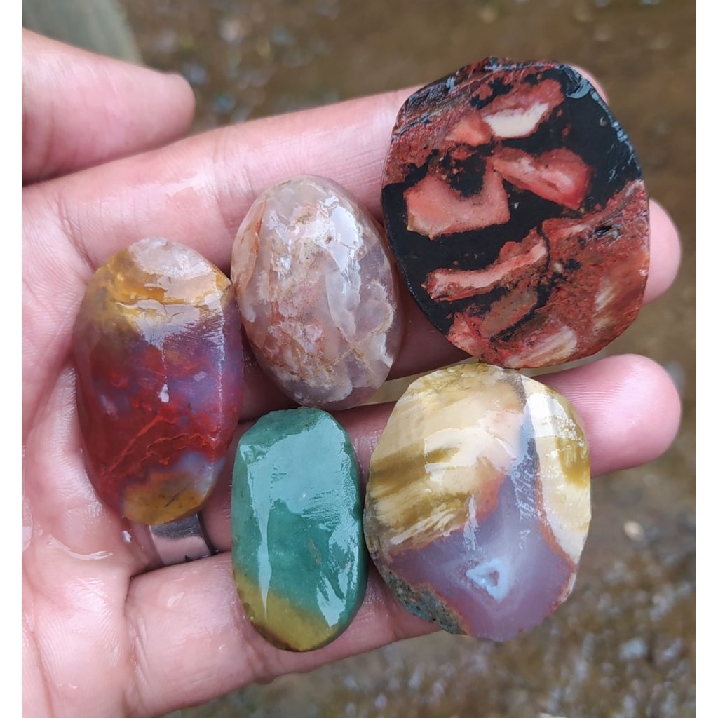 (COD) Batu akik varian pancawarna garut cristal clasic baru pola halus borongan paket hemat 5pcs