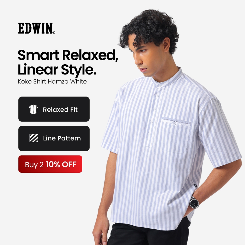 EDWIN JEANS - Kemeja Koko Pria Lengan Pendek HAMZA WHITE Baju Muslim Pria