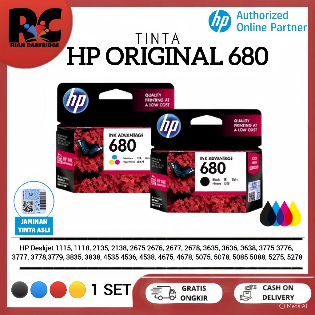 Tinta HP 680 Black & Tri Colour for printer HP DeskJet 1110, 1115, 2130, 2135, 3630