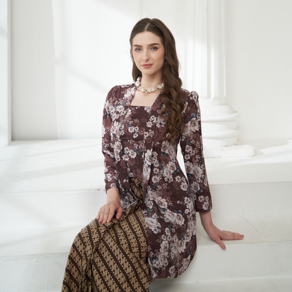Kebaya Kutubaru Jadul coklat mahogany/ Kebaya Nenek Motif Bunga / Kutubaru Tunik Kondangan