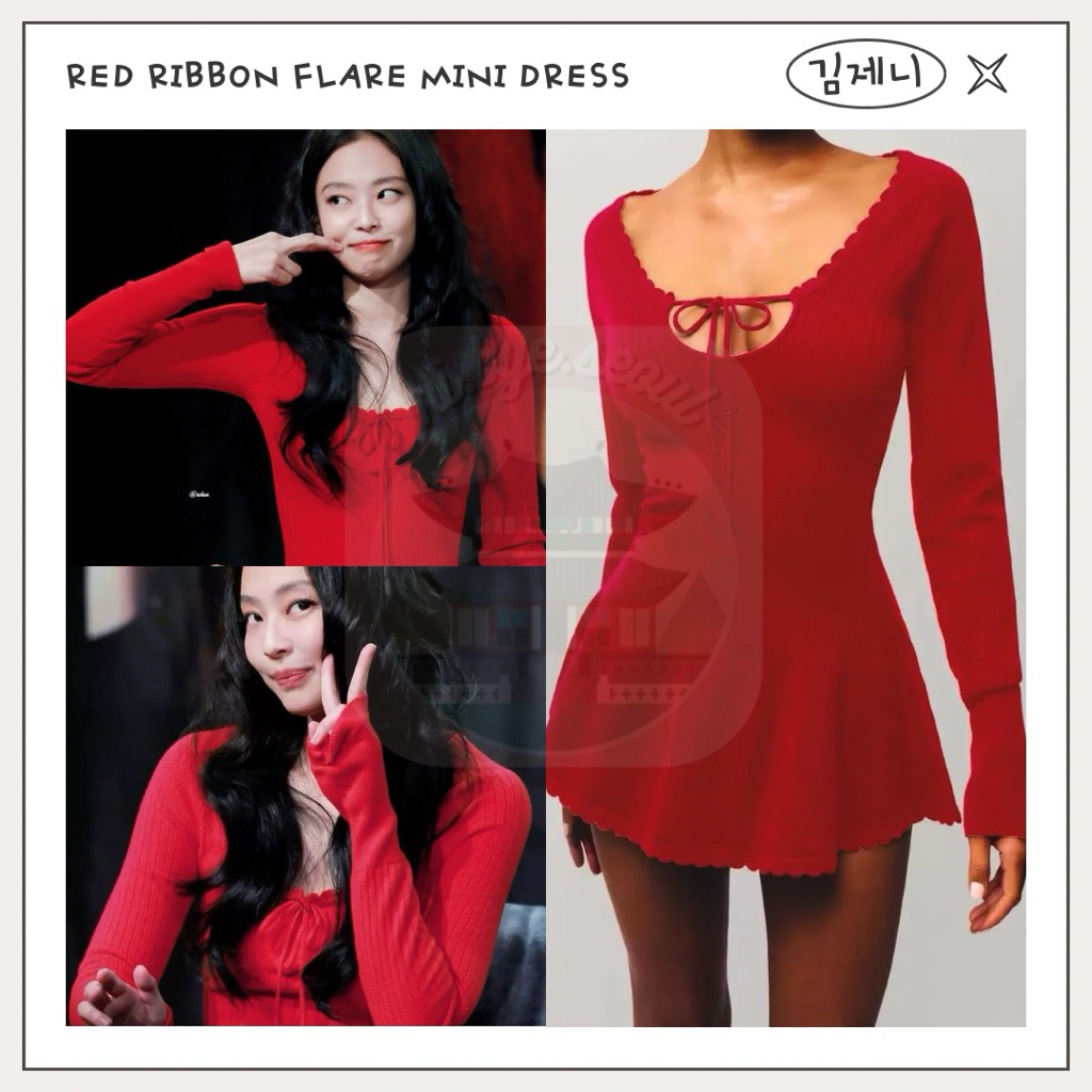 [READYSTOCK HANDCARRY KOREA] Jennie Red Ribbon Flare Mini Dress — Jennie Blackpink Red Dress / Fanme