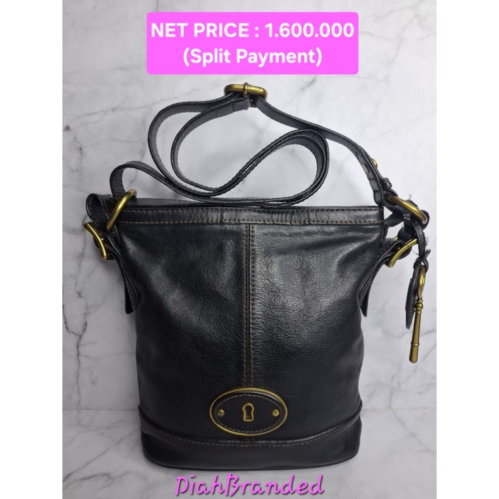 F093 - PRELOVED TAS FOSSIL VRI BUCKET BAGONG BLACK FULLSET