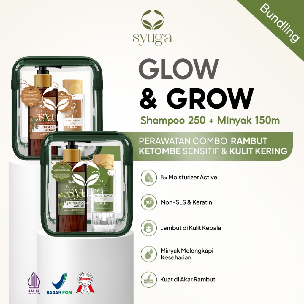 Syuga Grow and Glow Pack - Perawatan Combo Rambut Rontok, Ketombe, Sensitif dan Kulit Kering, Shampo
