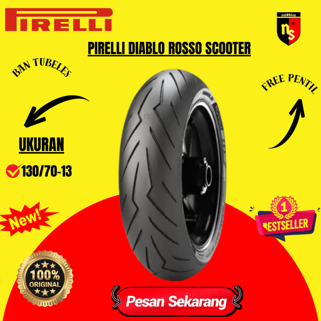 Ban Pirelli NMax 130/70-13 Diablo Rosso Scooter Tubeless Untuk Ban Belakang Nmax Bonus Pentil