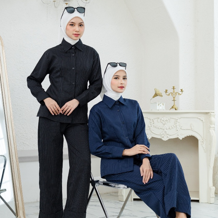 Nazwa x Diandra One Set Wanita Semi Formal - Setelan Wanita Semiwool Garis Salur - Korean Style Terb