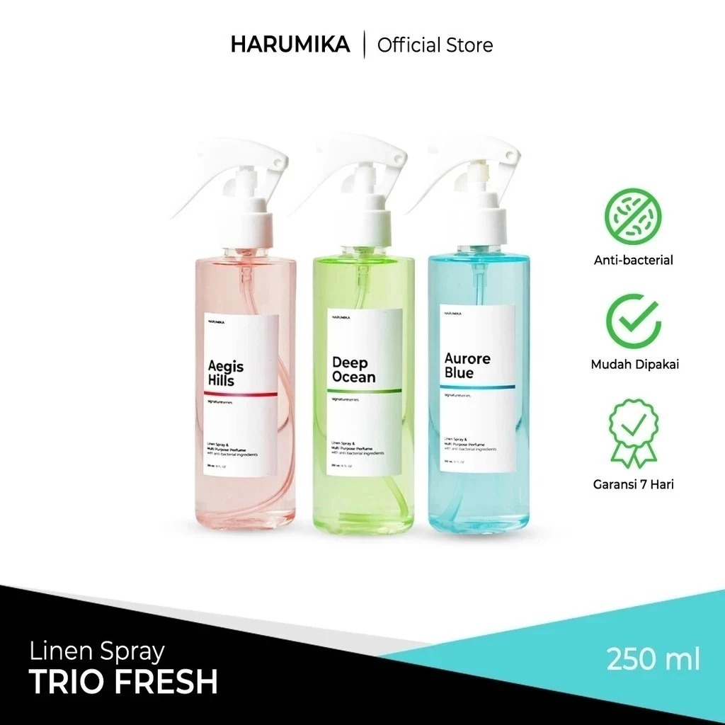 LINEN SPRAY HARUMIKA ANTI BACTERIAL (GRATIS ONGKIR)PAKET TRIO 250ML ROOM REFRESHER Serbaguna Solusi 