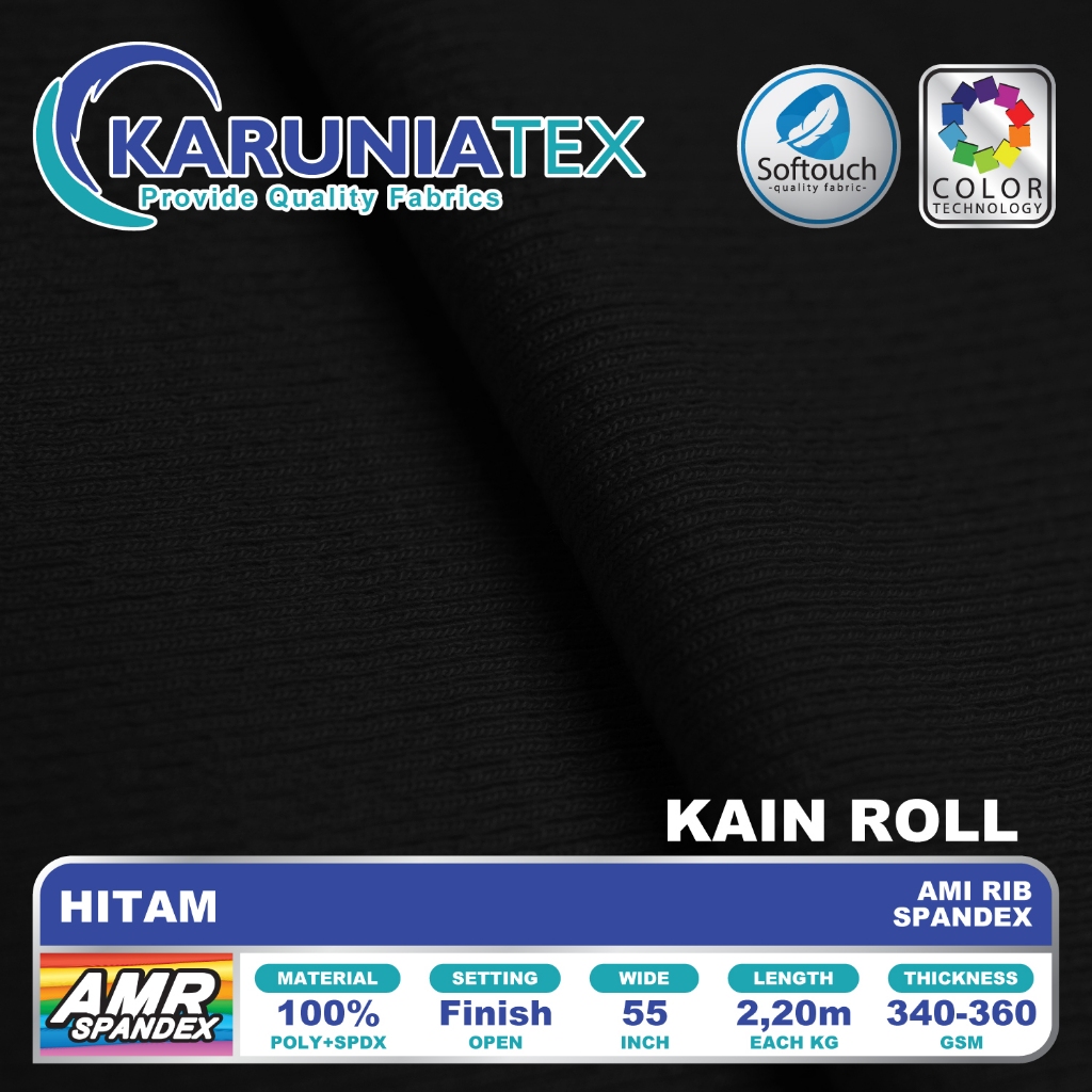 Kain Ami Rib Spandex | Hitam | Rib Knit Rollan | Karunia Textile