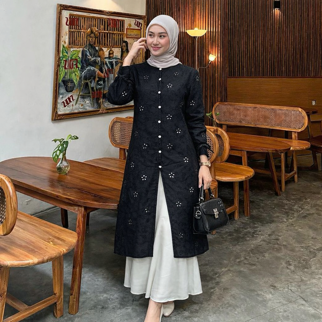 TUNIK ELORA RAYA KATBOL KATUN BORDIR / TUNIK PUTIH KATUN BOLONG