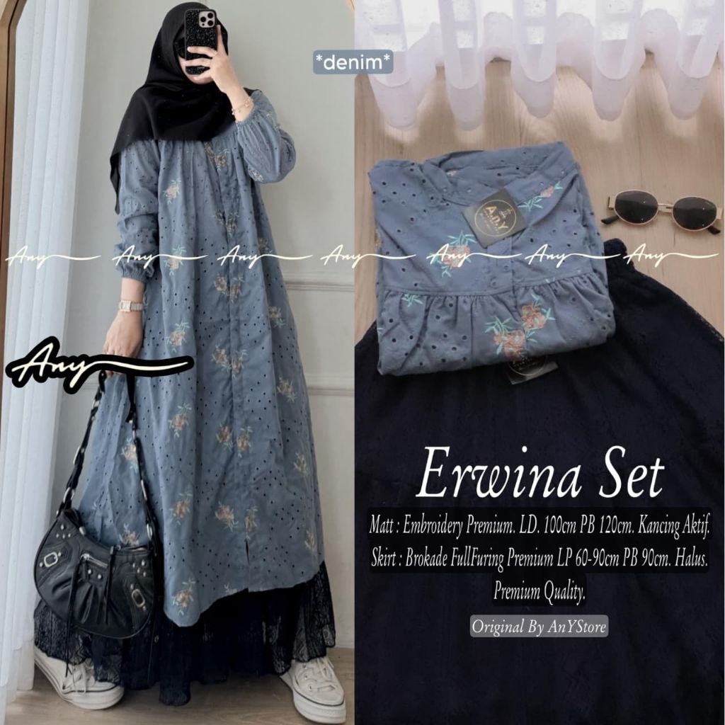 Erwina setelan tunik dan rok by A.N.Y long tunic jumbo ld 120 CM rok panjang plisket brukat tile lon