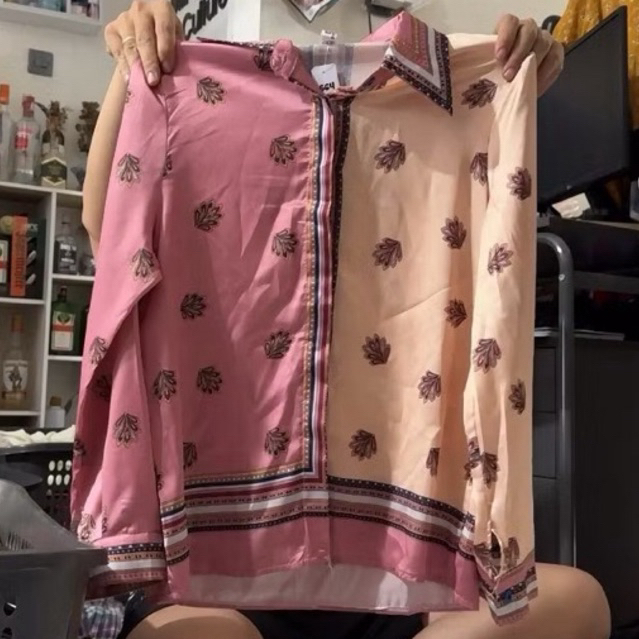 kemeja / baju atasan wanita bahan satin pink size M