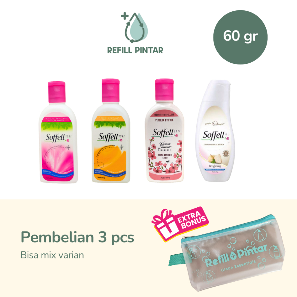 Soffell Sofel Sofell Lotion Anti Nyamuk 60ml Varian Jeruk, Bunga Geranium, Korean Summer, Bengkoang