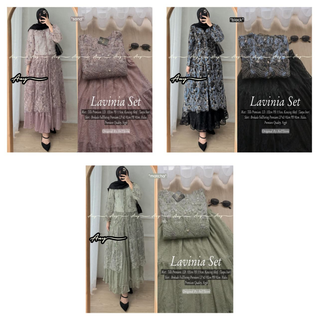 LAVINIA Set Gamis Dress Brokat Tille Premium Skirt Rok Full Furing Original AnY Store Bahan Halus Ny