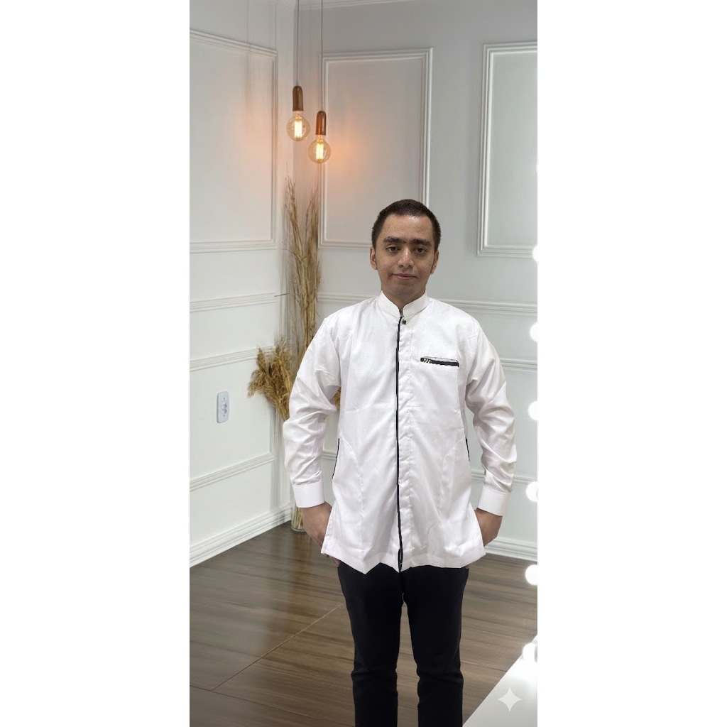 Baju Koko Muslim Pria Dewasa Lengan Panjang Warna Putih List Hitam