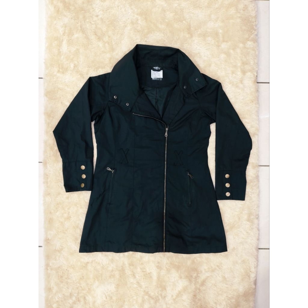 MILLA Men Women Black High Collar Snap Buttons Asymmetric Zipper Long Sleeve Long Jacket/ Jaket Pria