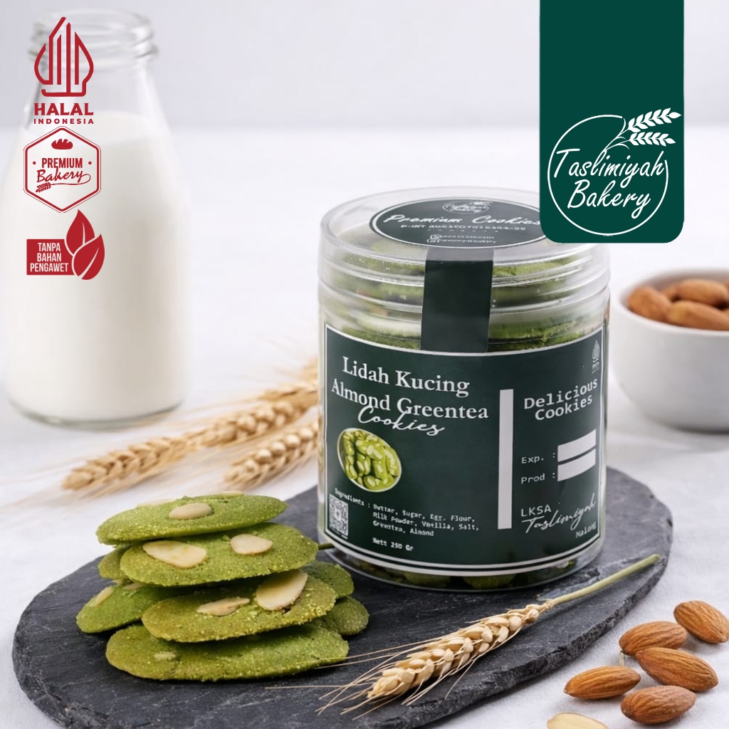 TASLIMIYAH BAKERY Lidah Kucing Almond Green Tea Premium 250gr / Hampers Lebaran Khas Malang