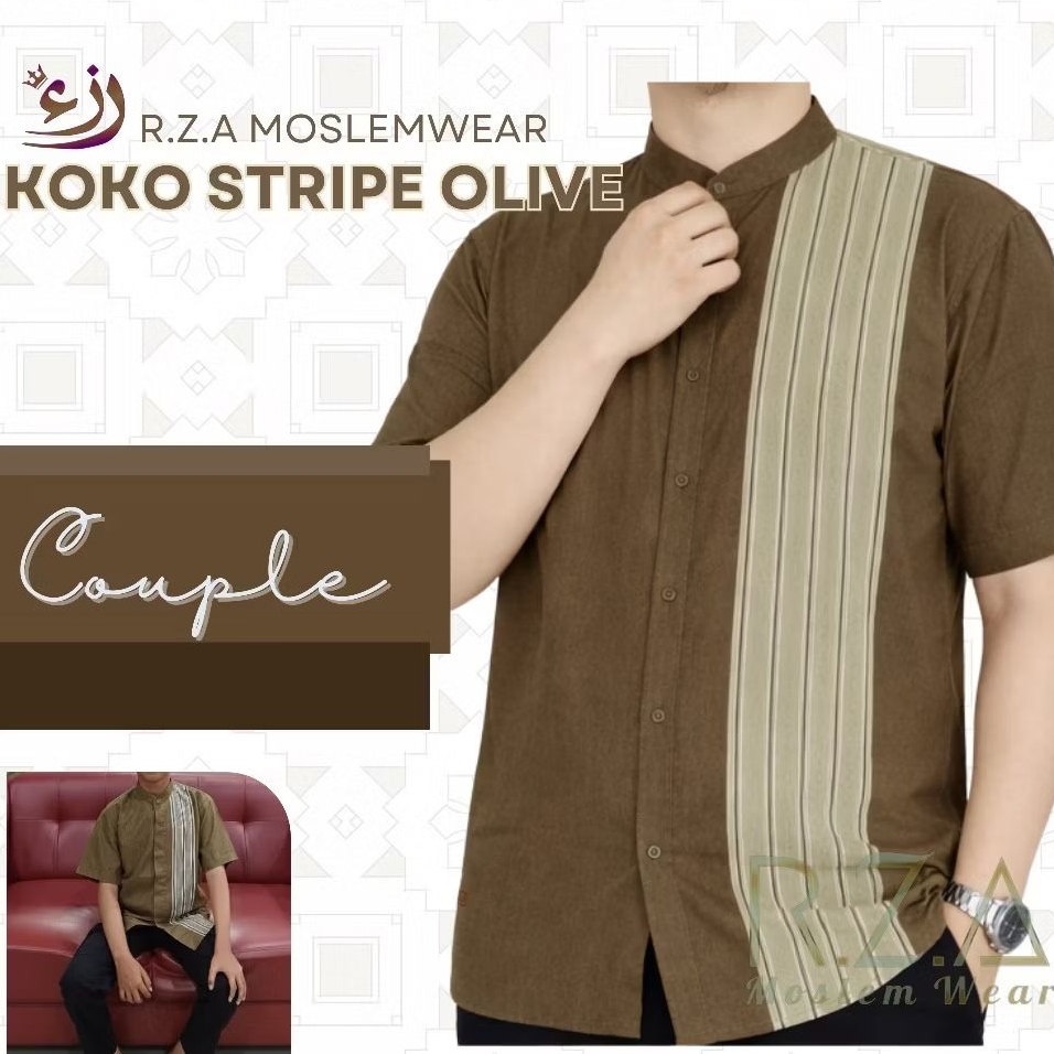 Koko Couple Soft Olive Stripe Abu Garis Tua Ayah Anak Newborn Jumbo Kemeja Baju Lebaran Sarimbit Ove
