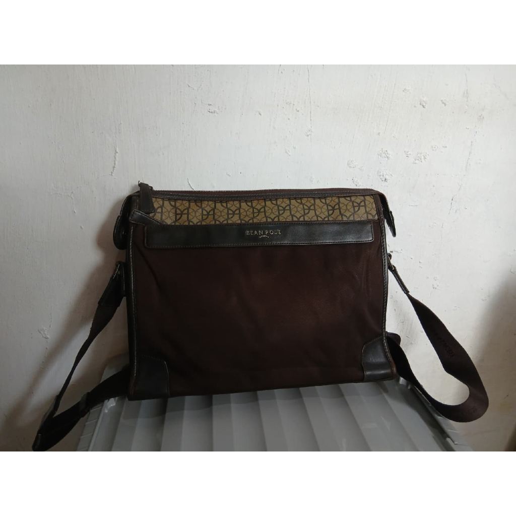 tas sling bag slempang pria cowo man brand bean pole BEANPOLE canvas mix leather coklat preloved LIK