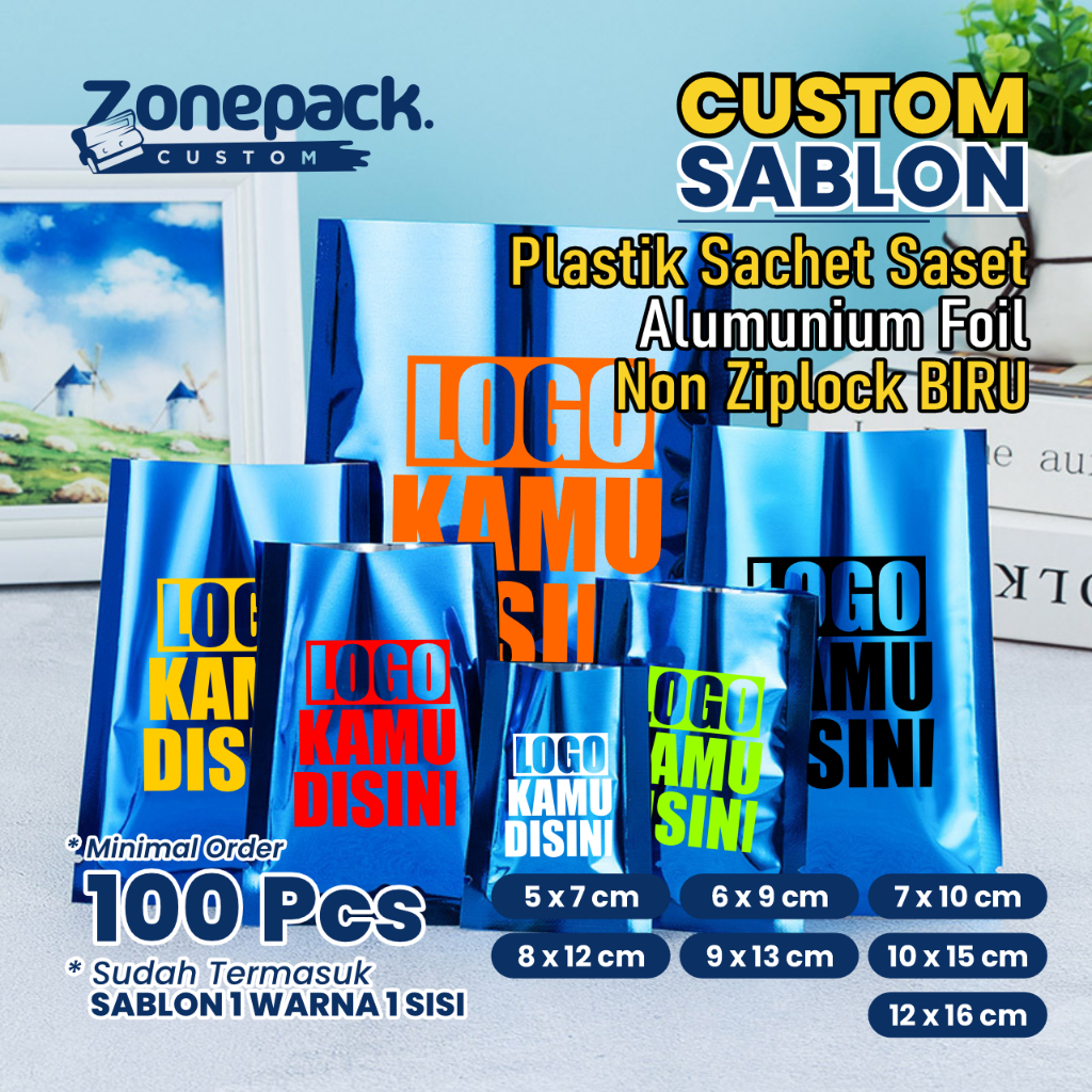 Sablon Plastik Sachet Saset Alumunium Foil Non Ziplock Warna Biru | Kemasan Sambal Bubuk Kopi Snack 