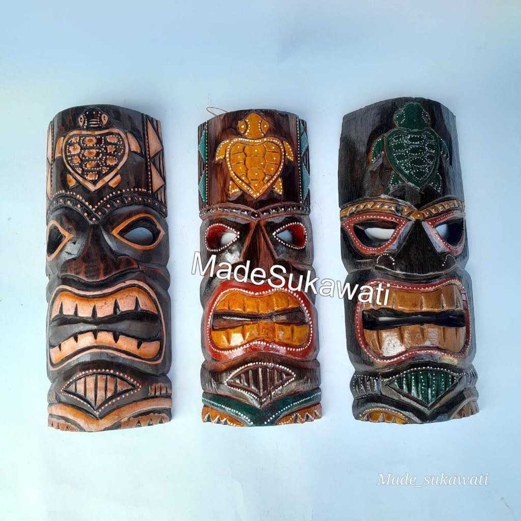 Kerajinan kayu hiasan dinding gantung motif topeng TIKI handmade ukiran tangan