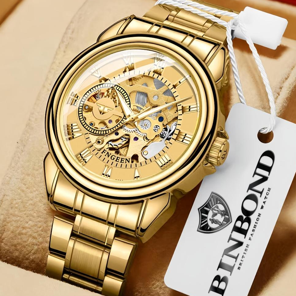 BINBOND Jam Tangan Pria Bisnis Automatic Tanpa Batrai Rantai Stainless Steel Anti Karat Jam Tangan P