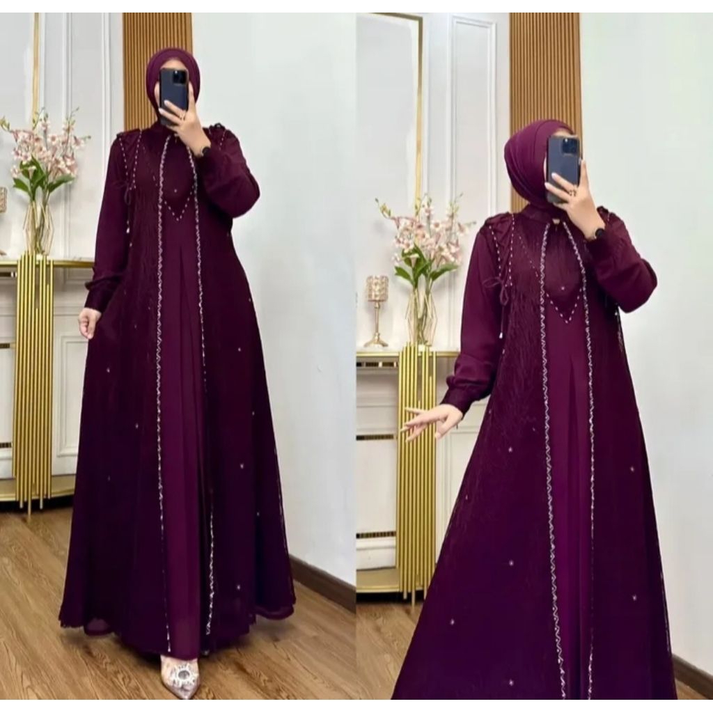 gamis rompi terbaru dua layer panjang menyatu / busana pesta devita untuk acara lebaran kondangan wa