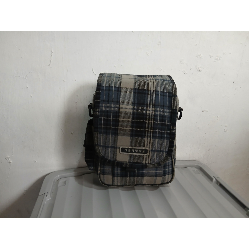 tas sling bag slempang pria cowo canvas tebal motif kotak preloved