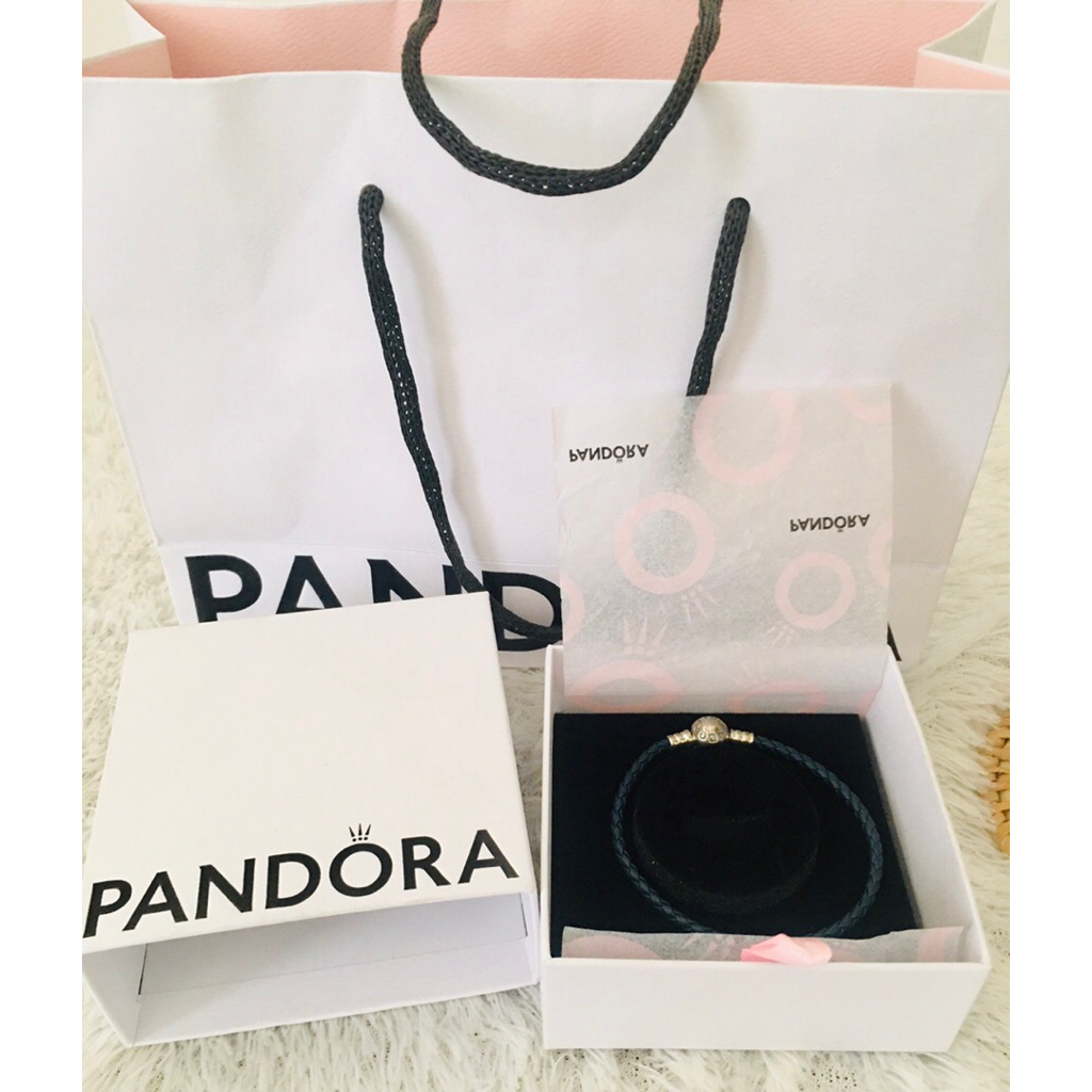 PANDORA Moments Round Clasp Blue Braided Leather Bracelet Preloved Terawat (Bisa SPLIT PAYMENT/Chat)