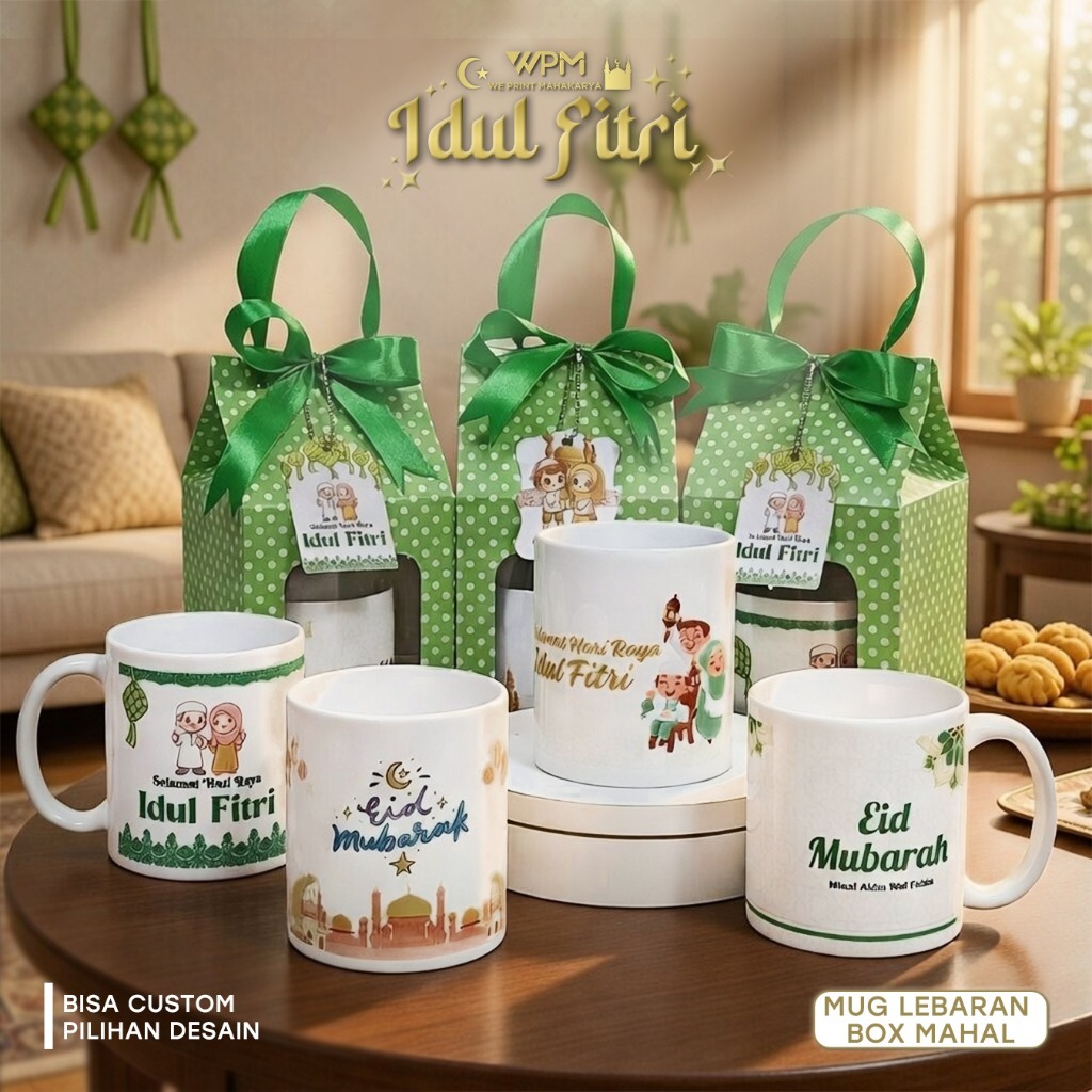 MUG LEBARAN / PACKINGAN BOX BESAR PITA AND CARD/ MUG CUSTOM / SOUVENIR MUG LEBARAN DAN IMLEK NATAL /