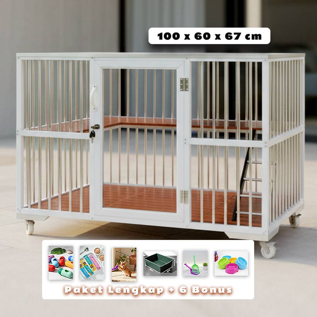kandang kucing aluminium putih 1 pintu tingkat 100x60x67cm alas keramik asli anti karat+ 6 pcs bonus
