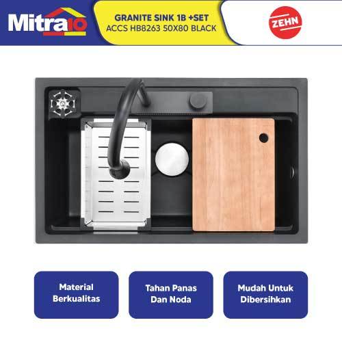 Granite Sink Satu Kolom dan aksesoris Zehn HB8263 50x80 Cm Hitam [INCLUDE PACKING KAYU]