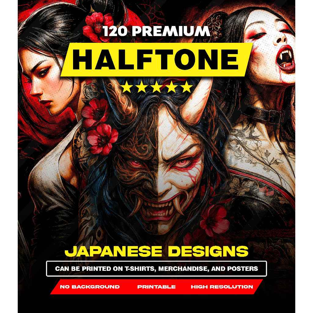 120 Desain Kaos Japanese Halftone Premium PNG – Streetwear Baju Hitam – Siap Cetak DTF DTG Sablon – 