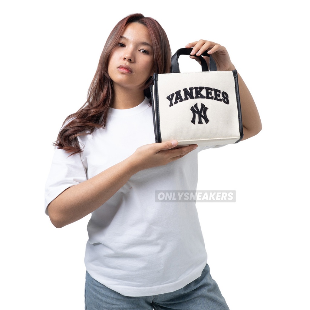 MLB NEW YORK YANKEES VARSITY BASIC CANVAS MINI TOTE BAG BEIGE BLACK