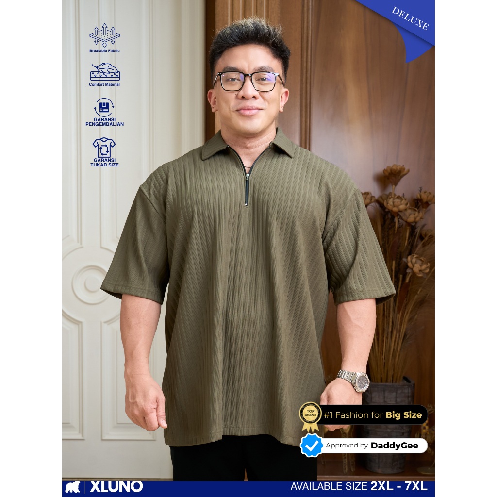 XLUNO Zipper Polo Olive Baju Polo Pria Jumbo Knit Big Size Lengan Pendek