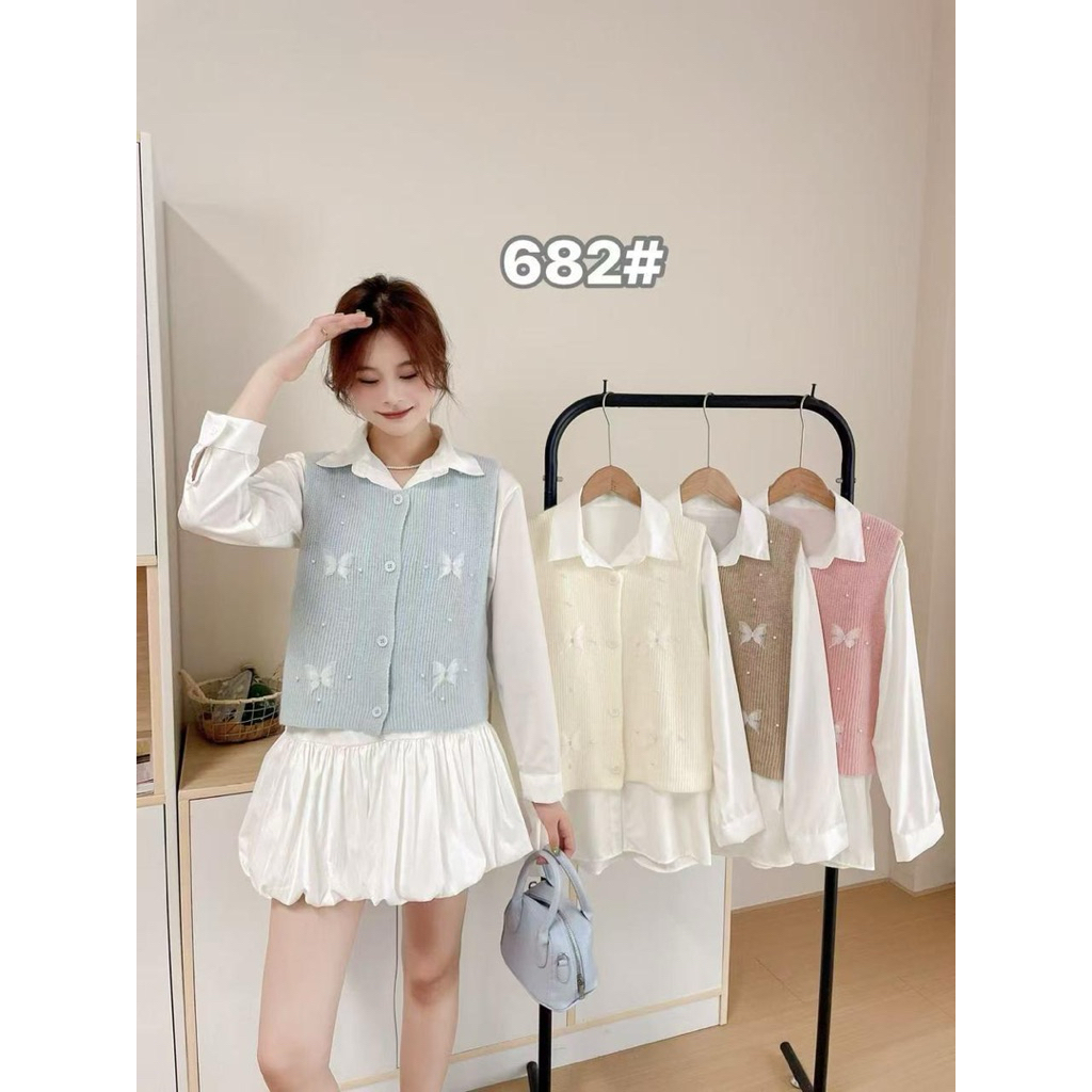 NEOME Set Vest Rajut Kemeja Polos 2in1 Freya Shirt