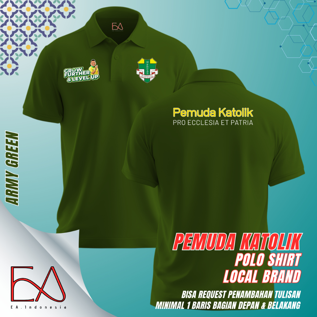 Baju Kaos Berkerah Lengan Pendek PEMUDA KATOLIK Polo Shirt Warna Hijau Army Untuk Pria dan Wanita