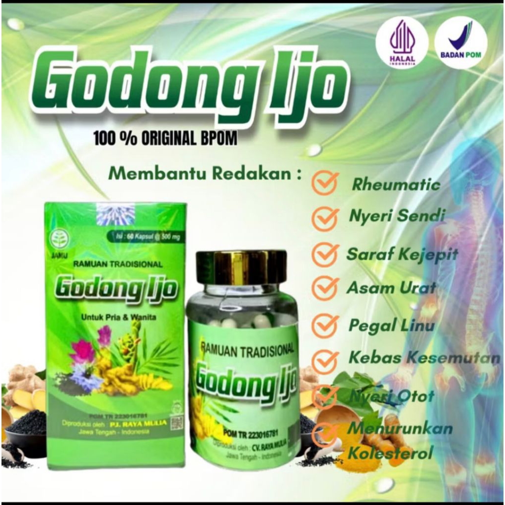 Godong Ijo Kapsul Original BPOM Obat Syaraf Kejepit Herbal Asam Urat Nyeri Sendi Pegal Linu Rematik