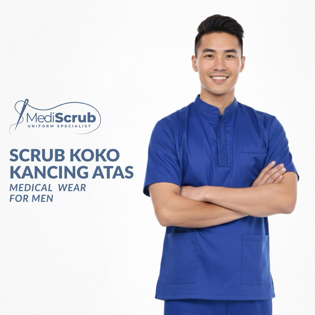 Baju Jaga Kerah Koko Pria Kancing Atas Lengan Pendek / Scrub Dokter Perawat / MEDISCRUB