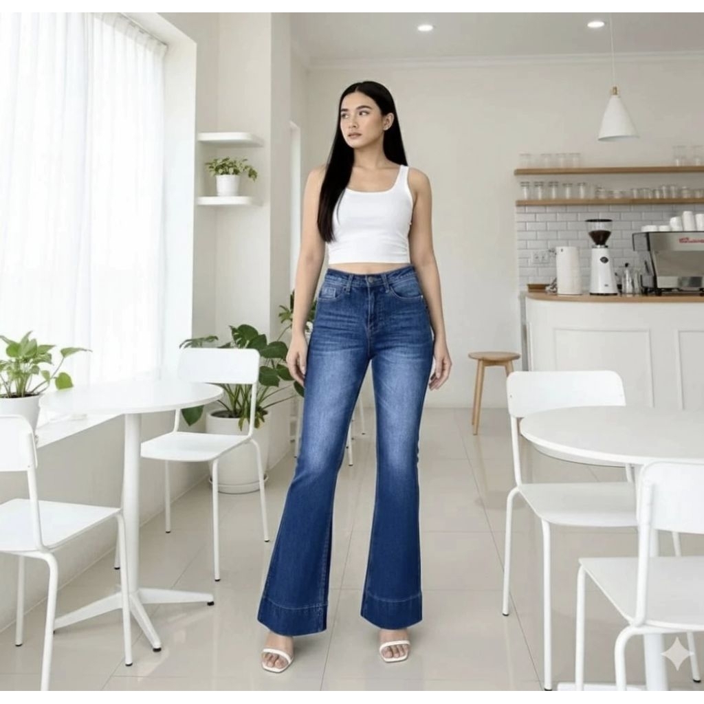 Cutbray Jeans Lipat Bawah Highwaist Strecht - Celana Cutbray Jeans Wanita Lipat Bawah