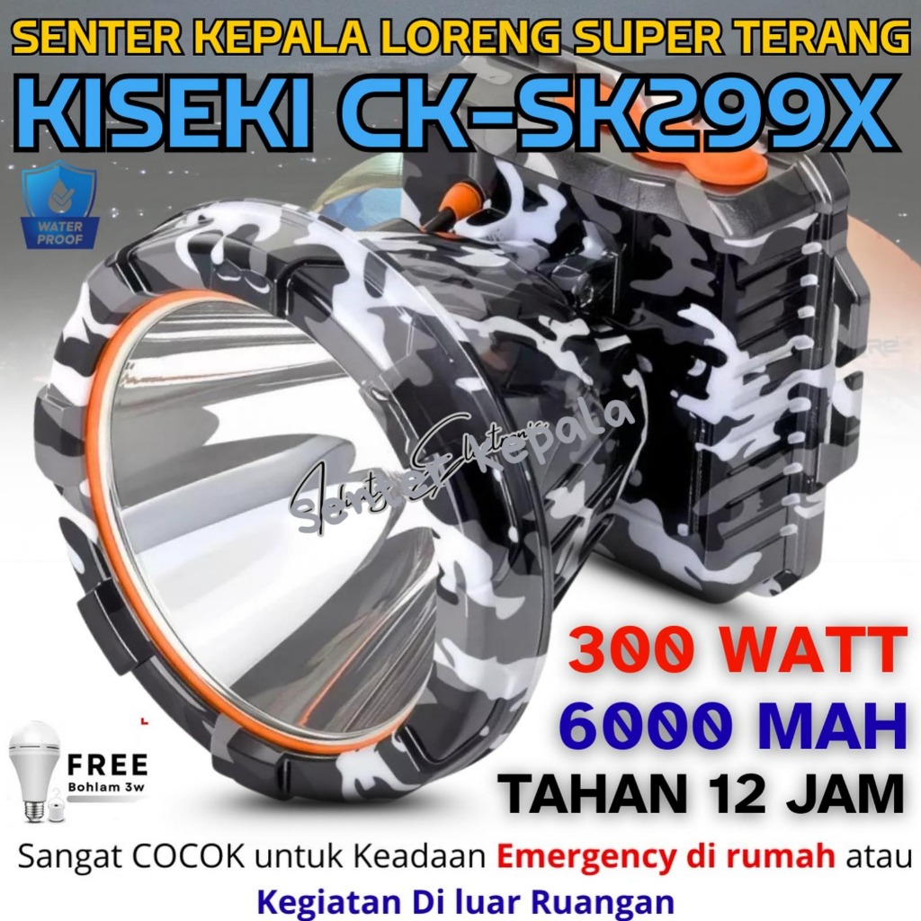 Senter Kepala Kiseki CK-CK299X 300W 6000mAh Cahaya Putih Tahan 12 Jam Waterproof