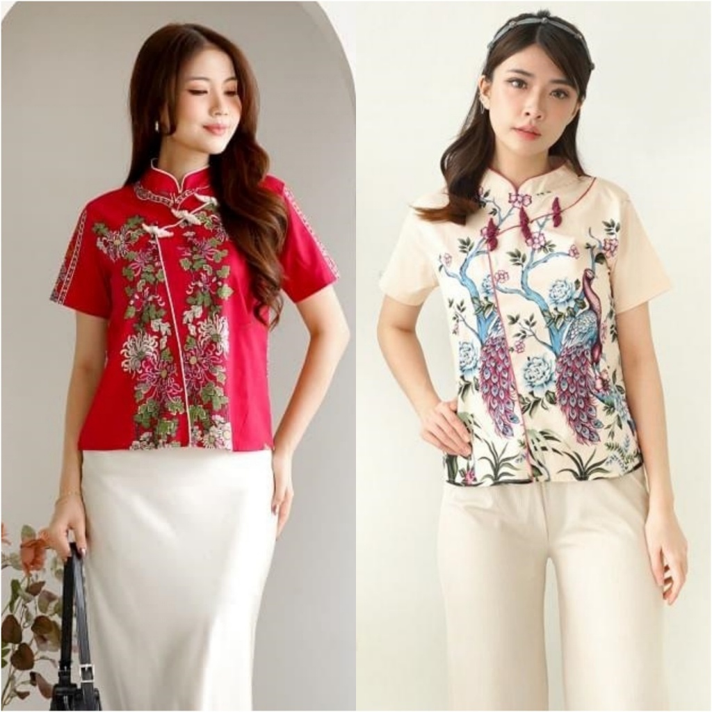 Atasan cheongsam Blouse Batik Modern kerah shanghai Baju china tradisional Blus Wanita Kekinian