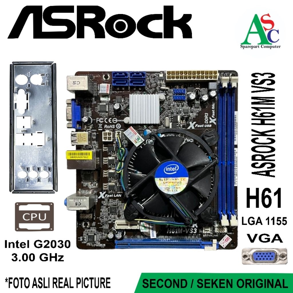 Paket Mobo H61 Motherboard Asrock Fan Intel Backpanel