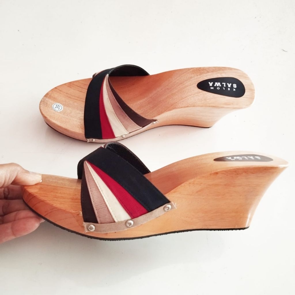 sandal wedges kayu natural 7cm kipas / sandal kelom geulis wedges / sandal wedges wanita / sandal wa