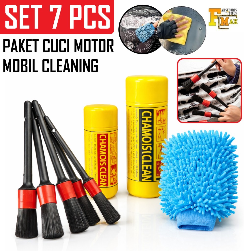 Paket Hemat Kuas Detailing 5 pcs + Lap Kanebo Jumbo + Sarung Tangan Cendol Microfiber 2 Sisi