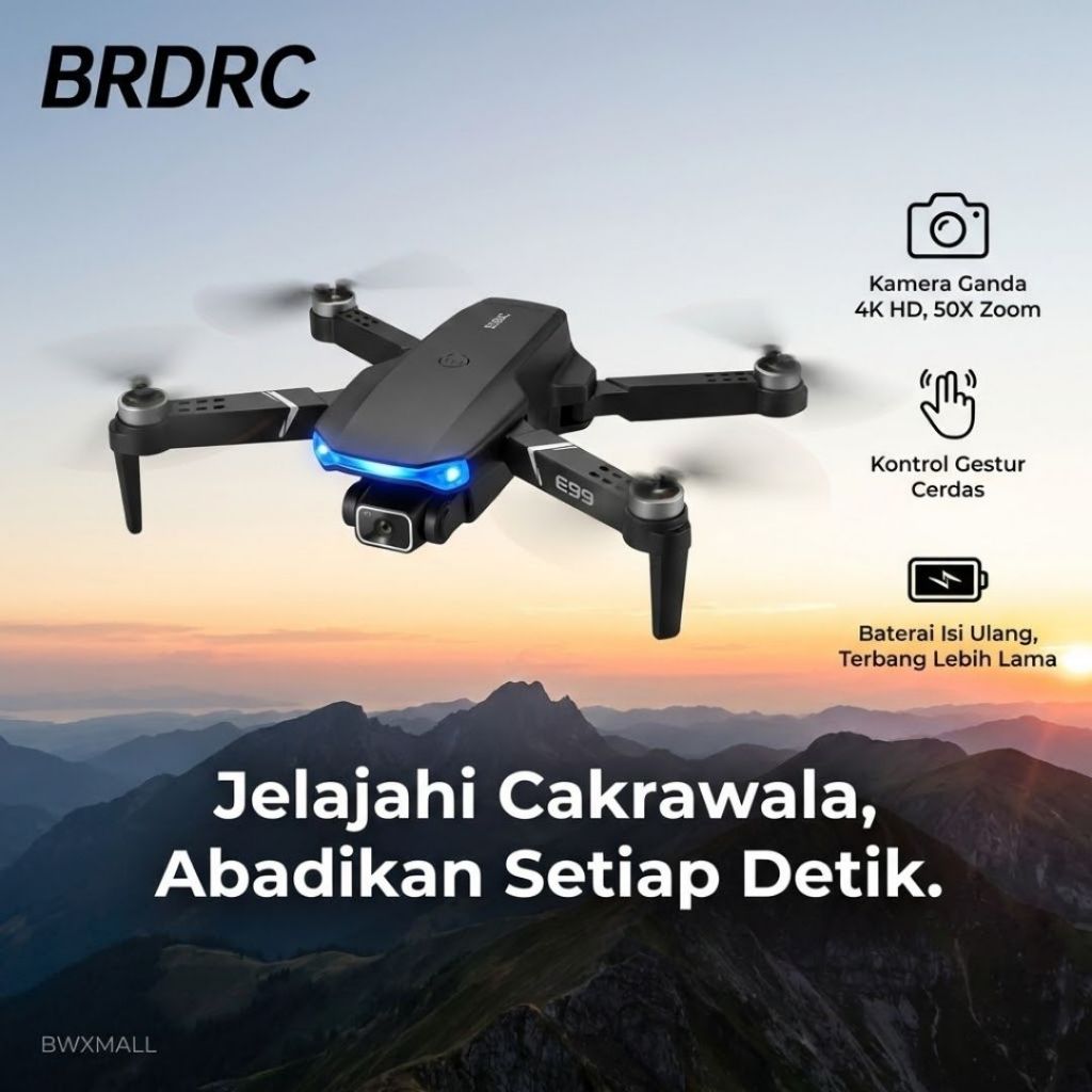 Mainan Drone Remot Kontrol BRDRC E99 Kamera 4K HD WiFi Quadcopter Mini Lipat Pesawat Terbang Tanpa A