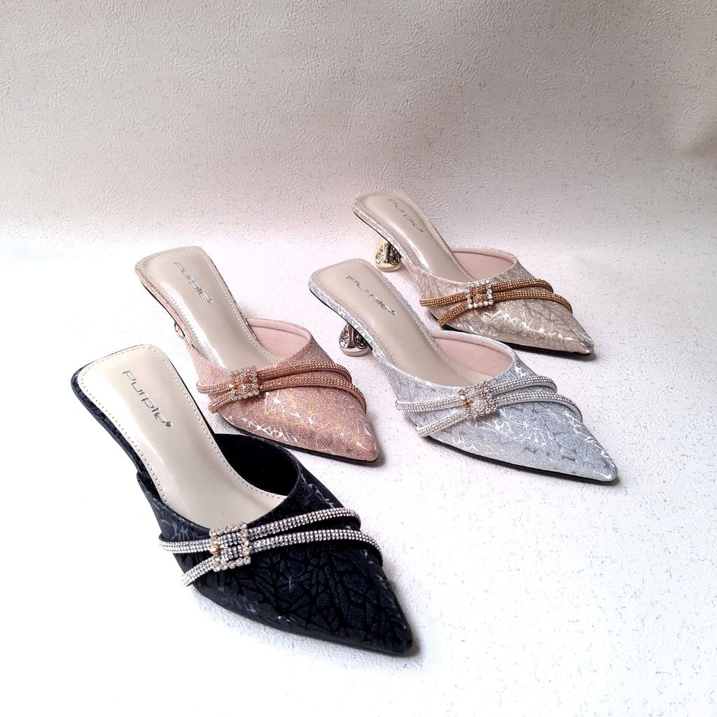 Purple Shoes - Rani Sandal Slip On High Heels Pesta Wanita Hak Lancip 5 cm Silver Gold Salem Hitam