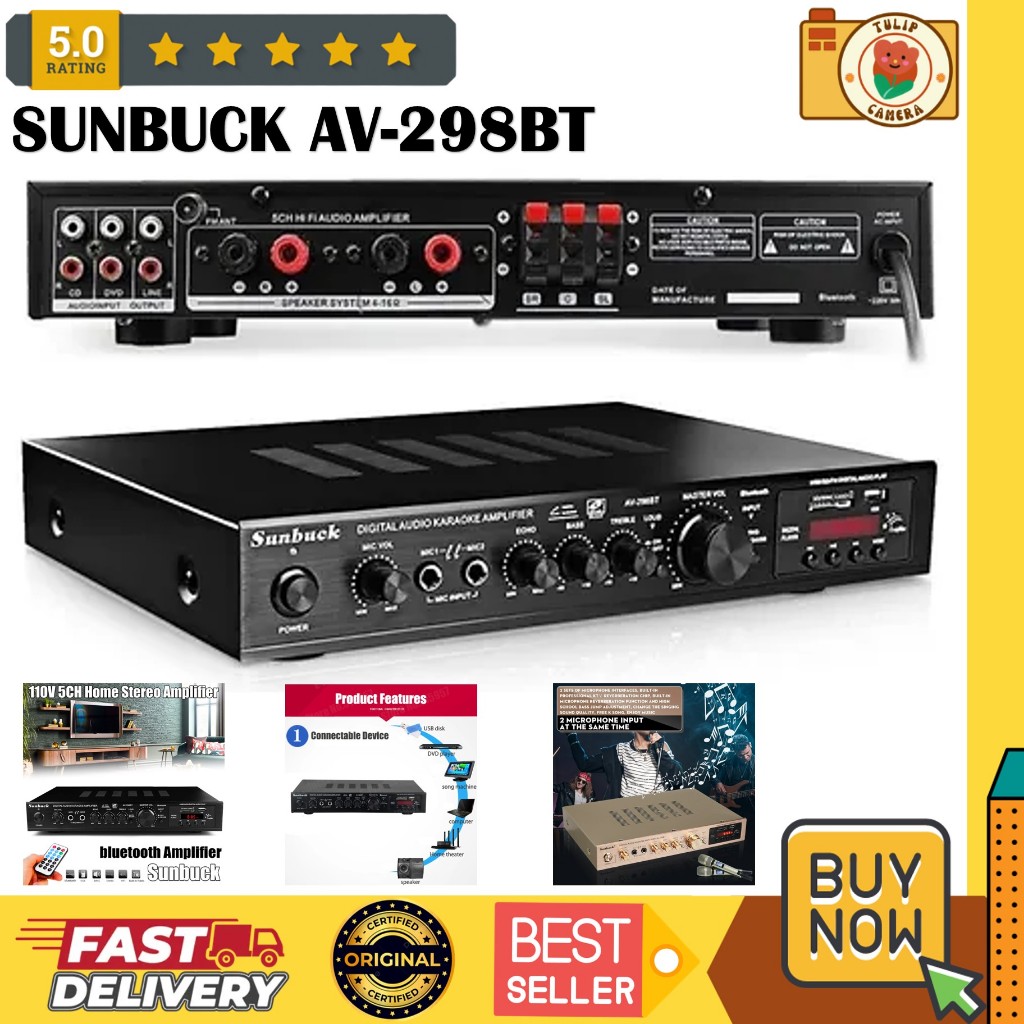 Sunbuck Audio Bluetooth 5.0 Amplifier 5 CH Remote 2000W - AV-298BT
