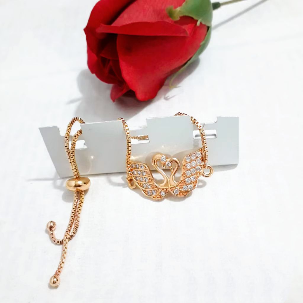 Gelang Tangan Serut Permata Bandul Angsa Kilau Emas Aksesoris Perhiasan Fashion Wanita